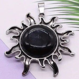 Obsidian Natural Stone Sun Shaped Pendant Necklace Healing Gemstone Pendant